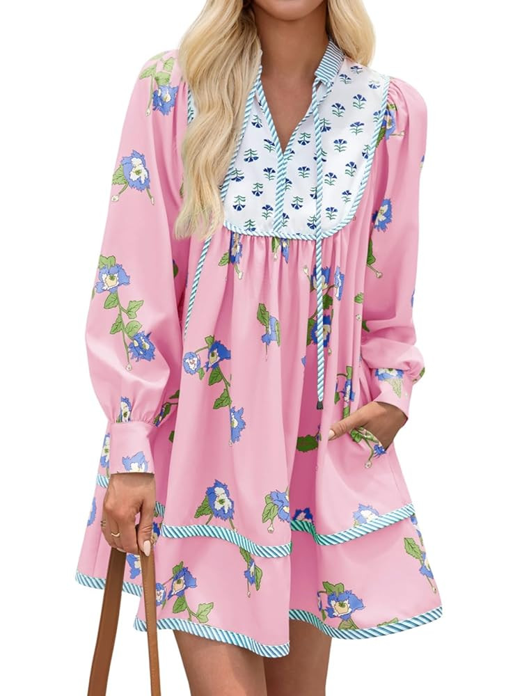 Wenrine Womens Casual Floral Mini Dress 2025 Fall Long Sleeve V Neck Patchwork Loose Boho Shirt D... | Amazon (US)