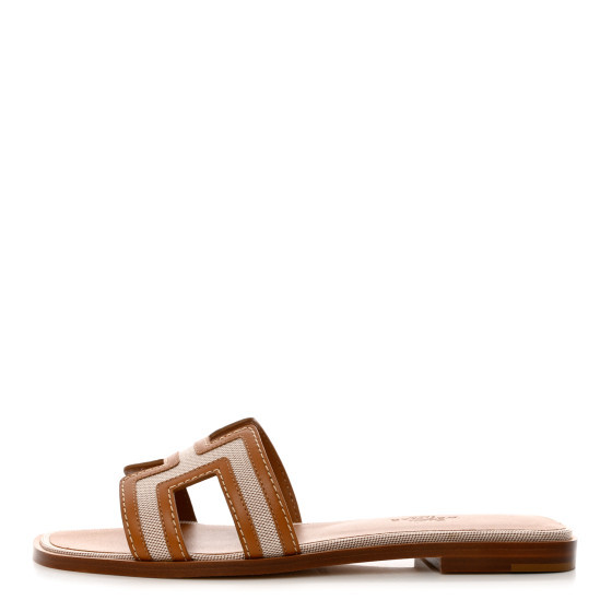 HERMES Calfskin Canvas Oran Sandals 36 Noisette Beige Dore | FASHIONPHILE (US)