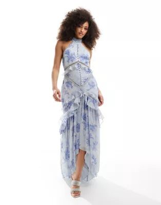 ASOS DESIGN lace insert halter tiered maxi dress with circle trim in vintage floral print | ASOS | ASOS (Global)