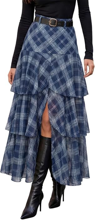 Wenrine Womens Mesh Maxi Skirt Polka Dot Front Split Tiered Plaid Skirts | Amazon (US)