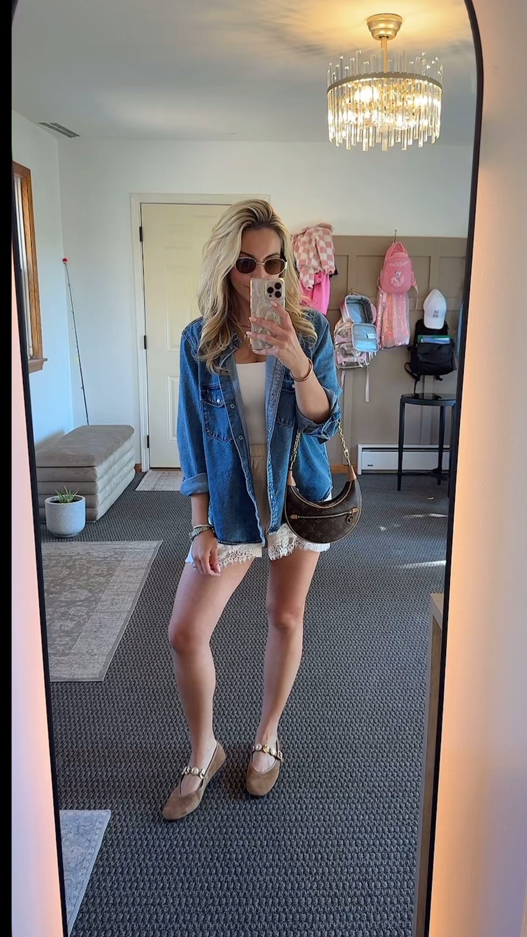 Fall transition outfit church lunch errand Sunday ootd lace silk shorts outfit denim top brown suede flats fall style fashion trend look for less 

#LTKStyleTip #LTKFindsUnder100 #LTKFindsUnder50