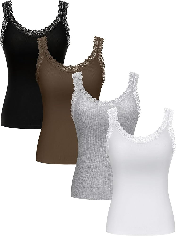 Lasnten 4 Pieces Lace Camisole Tank Tops for Women Ribbed Cami Top Lacework Undershirt Patchwork ... | Amazon (US)