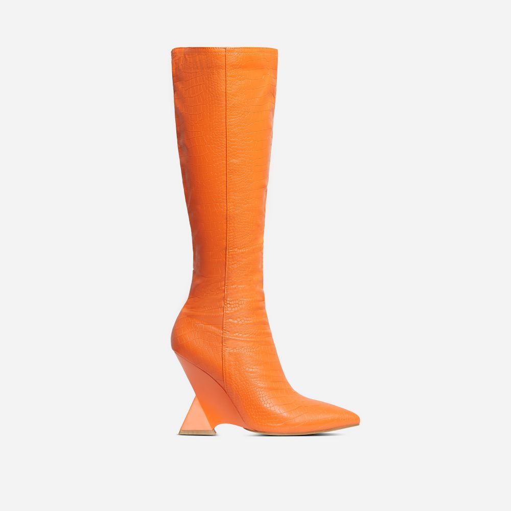 Power-Nap Pointed Toe Statement Cut Out Wedge Knee High Long Boot In Orange Croc Print Faux Leath... | EGO Shoes (US & Canada)