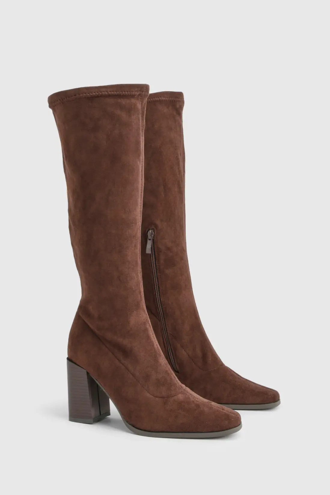Faux Suede Block Stacked Heel Knee High Boots | Boohoo.com (UK & IE)