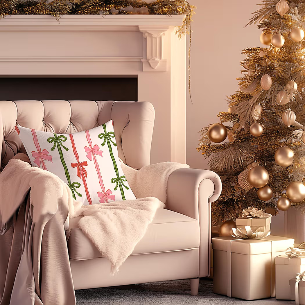 Christmas Bow Pillow Covers 18x18 Double-Sided, Coquette Pink and Green Ribbon Pillow Covers, Pre... | Amazon (US)