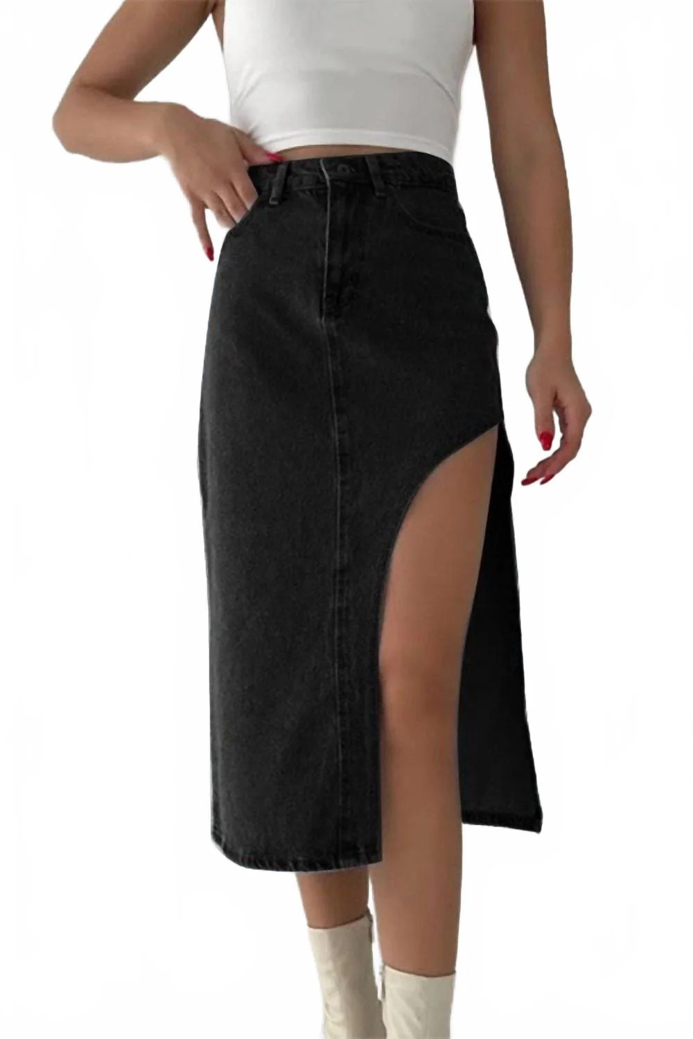 Women's Thigh Slit Denim Skirt In Black | Shop Simon