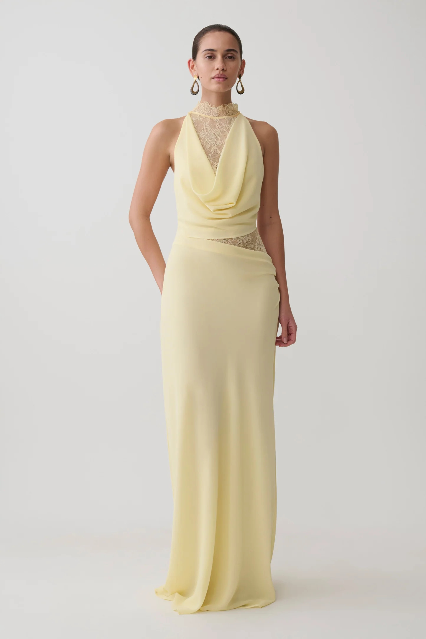 Aleena Aleena Satin And Lace Maxi Dress - Lemon | MESHKI US