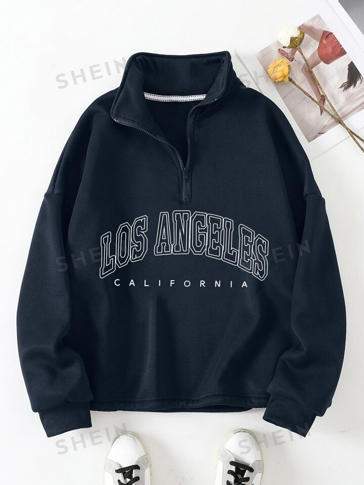SHEIN LUNE Plus Letter Graphic Half Zip Drop Shoulder Sweatshirt | SHEIN
