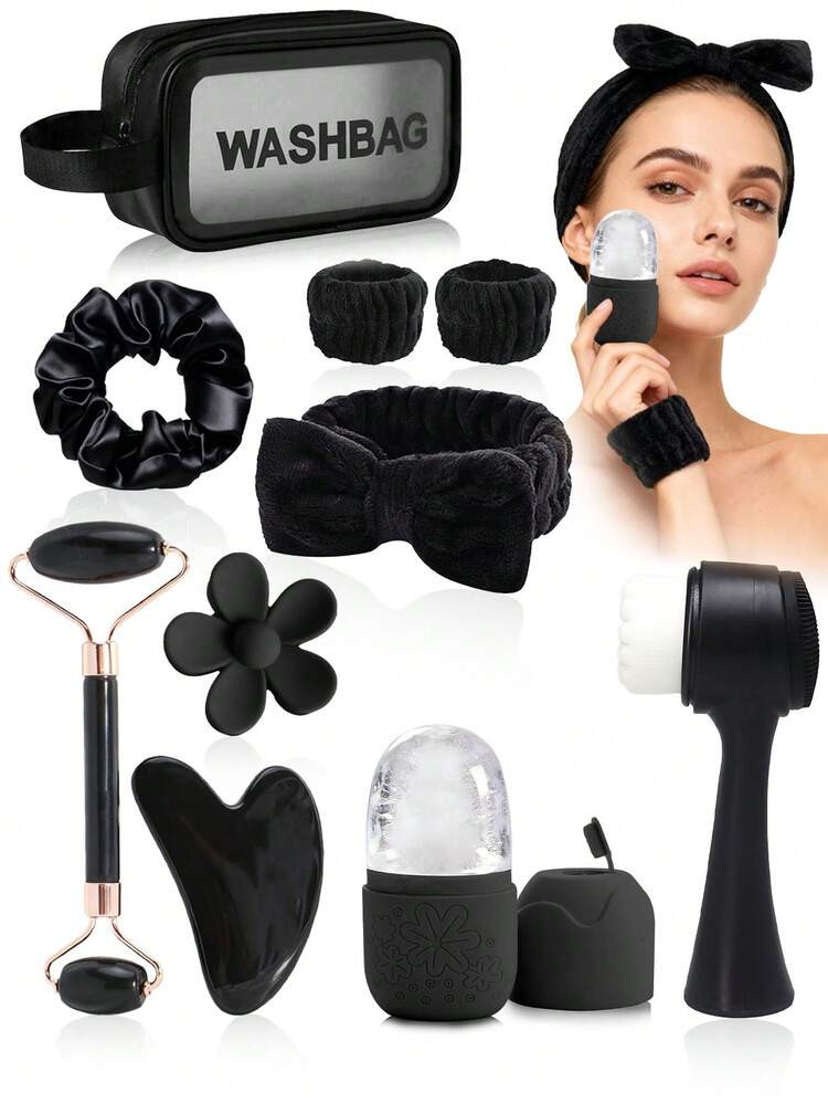 3/5/6/10pcs/Set Facial Beauty Massage Tools Cleansing Set, Black Roller Scraper Set, Face Brush, Hair Band, Wristband, Hair Clips, Hair Ties, Toiletry Bag, Bulk Tool Kit | SHEIN