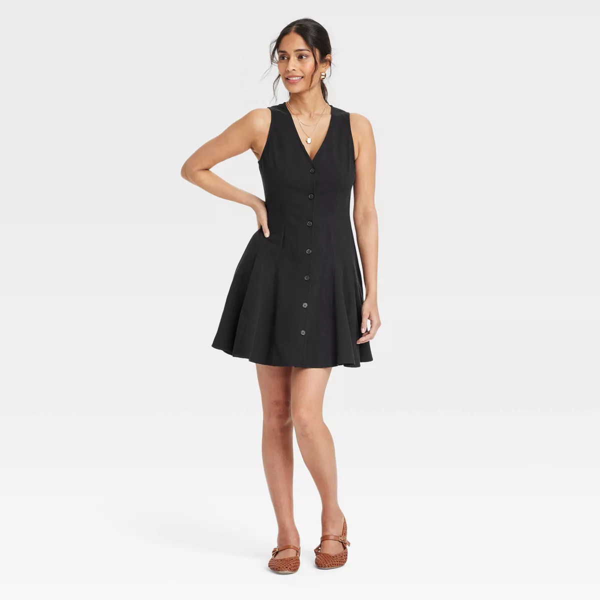 Women's Button-Front Godet Mini A-Line Dress - Universal Thread™ Black S: V Neck, Sleeveless, S... | Target