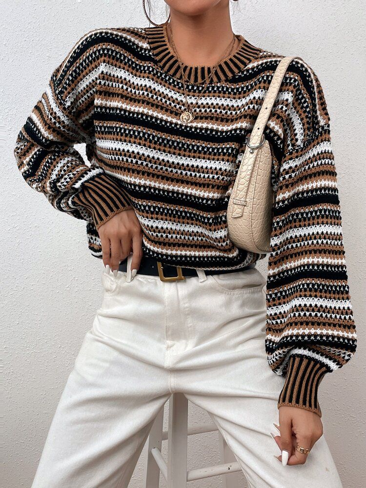 Drop Shoulder Lantern Sleeve Striped Colorblock Sweater | SHEIN