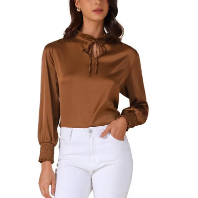 INSPIRE CHIC Women's Satin Puff Long Sleeve Mock Neck Tie Front Casual Business Work Shirts Dark Brown X-Small | Target