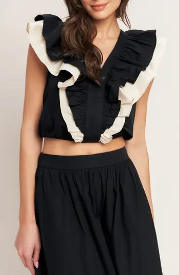 FLYING TOMATO Ruffle Crop Top in Black Cream at Nordstrom Rack, Size Small | Nordstrom Rack