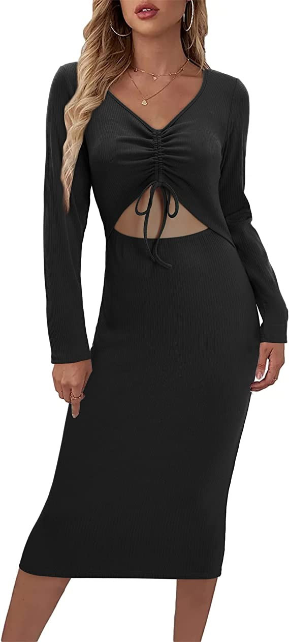 STYLEWORD Women's Long Sleeve Cut Out Bodycon Dress Knit Midi Ruched Sexy V Neck | Amazon (US)