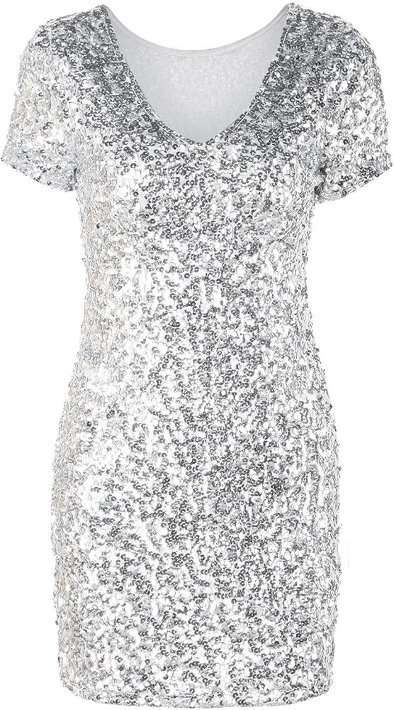 PrettyGuide Women's Sexy Deep V Neck Sequin Glitter Bodycon Stretchy Mini Party Dress | Amazon (US)