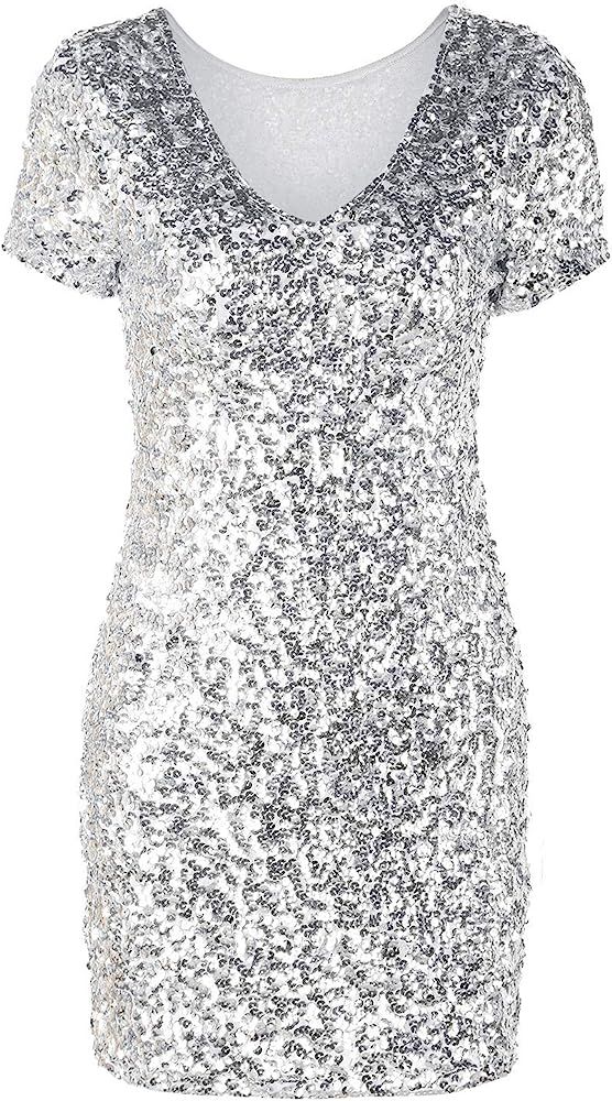 Women's Sexy Deep V Neck Sequin Glitter Bodycon Stretchy Mini Party Dress | Amazon (US)