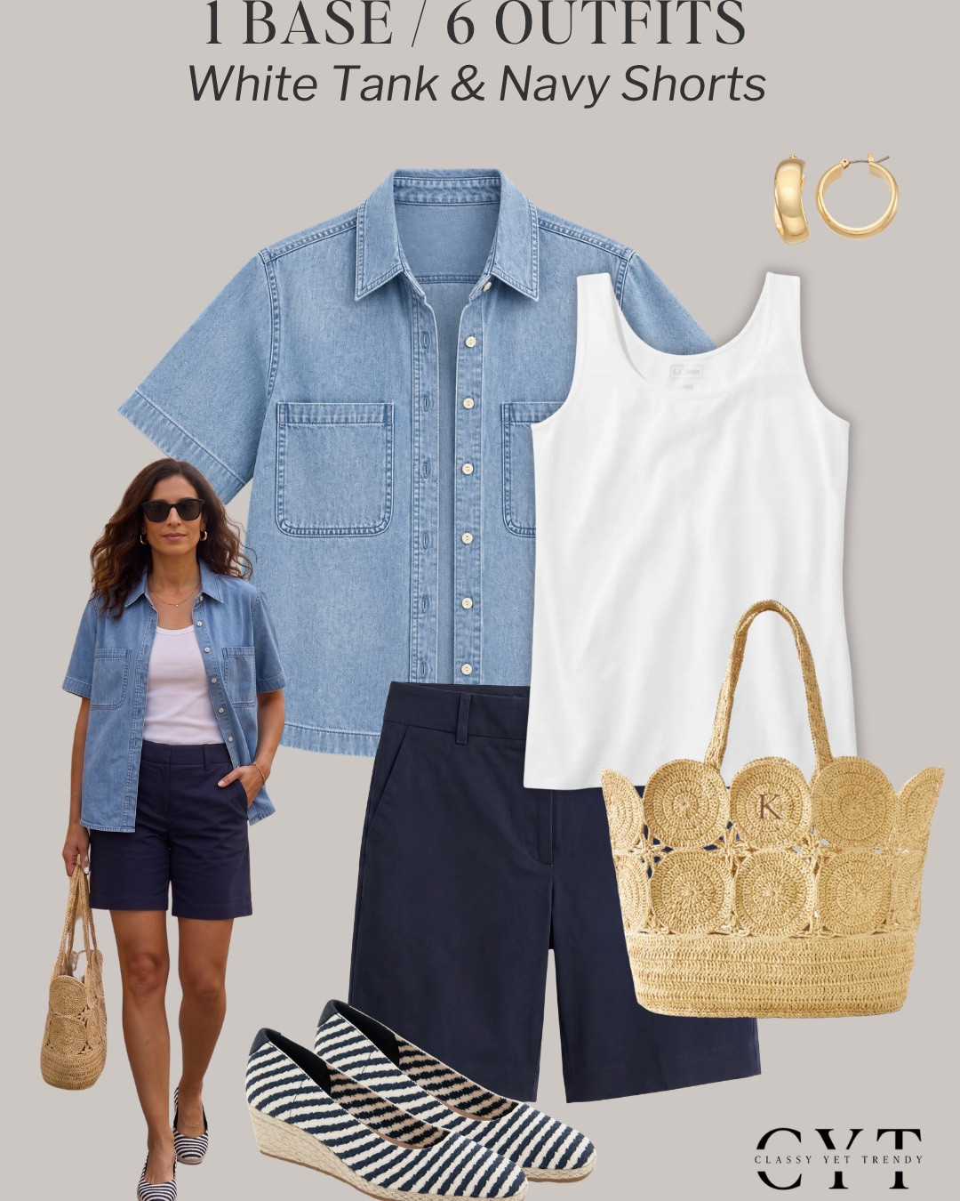 1 Base, 6 Outfits: Summer Edition 🎉 6 ways to wear two classic and timeless wardrobe staples: white tank and navy shorts (or black shorts) ✔️ Mix and match lightweight tops, shoes and accessories to create different looks. 

how to style, outfit ideas, elevated outfit, wardrobe essentials, chambray, button down shirt, casual sneakers, jelly flats, slide sandals, sandal heels, strap sandals

#summerstyle #summeroutfits #howtowear #stylinginspo #styletips