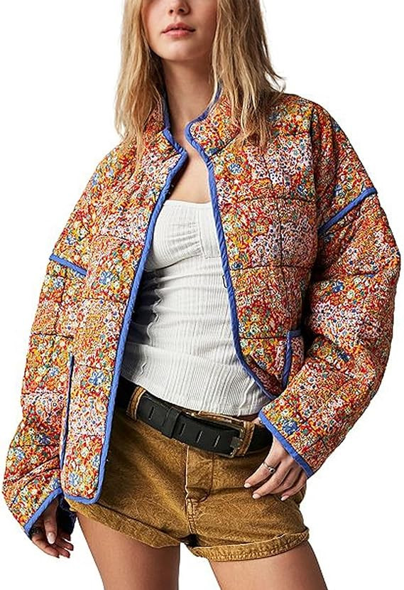 Duyang Women's Cropped Puffer Jacket Lightweight Floral Printed Open Front Quilted Coat Winter Wa... | Amazon (US)