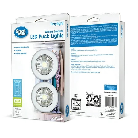 Great Value 100 Lumens Wireless LED Puck Lights – 2 Pack | Walmart (US)