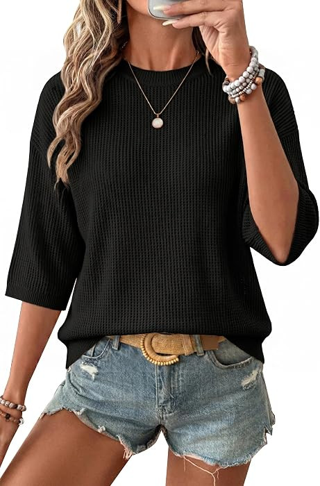 Arach&Cloz Women's Oversized 3/4 Sleeve Crochet Tops Summer Casual Sweater     100% Cotton Tops, ... | Amazon (US)