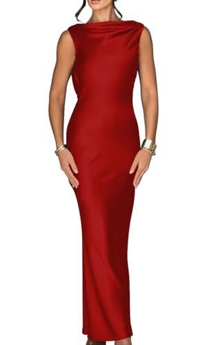 Memoriesea Women's Satin Elegant Sleeveless High Neck Tie Cocktail Party Maxi Dress Red | Amazon (US)