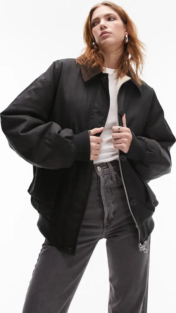 Heritage Oversize Crop Waxed Cotton Jacket with Faux Shearling Lining | Nordstrom