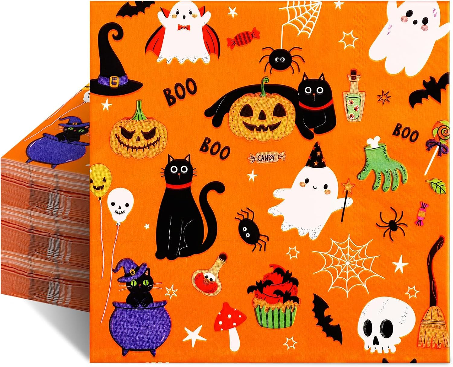 50 Pk Halloween Napkins, 6.5" Cute Ghost Spider Orange Napkins | Amazon (US)