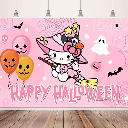 Hello Kity Pink Halloween Decorations Banner Backdrop Happy Halloween Banner 5x3 Ft Cute Themed Halloween Party Banner for Halloween Decorations | Amazon (US)