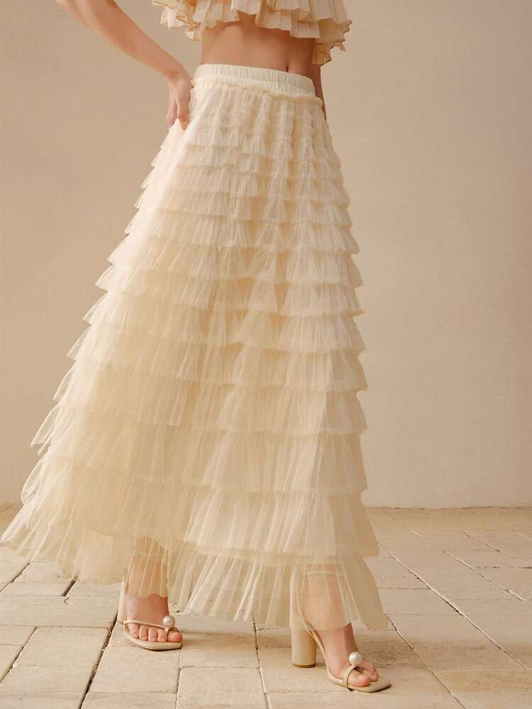 MOTF PREMIUM TIERED LAYER CONTRAST MESH SKIRT | SHEIN