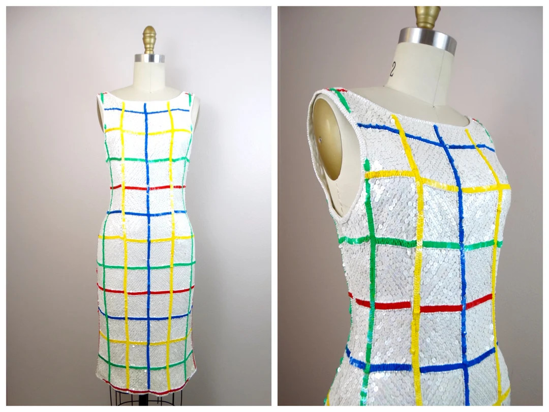 XS/S Retro Sequin Dress Bright White Sequined Dress BRAXAE Vintage Co. - Etsy | Etsy (US)