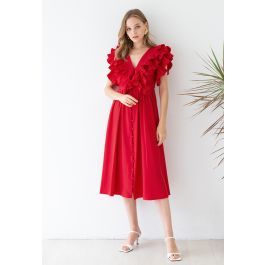 Pleated Ruffle Buttoned Deep V-Neck Dress in Red | Chicwish