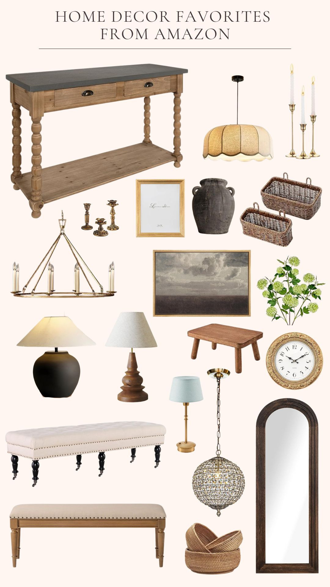 Home Decor Favorites From Amazon. Gold Rechargeable Table Lamp. Wooden Step Stool. Walnut 20-inch Table Lamp. Gold Globe Chandelier. Bench, 62-Inch. Hand Woven Hanging Baskets. Wooden Upholstered Bench. Banana Leaf Pendant Lamp. Handmade Black Vase - 9.5''. Gold Wagon Wheel Chandelier. Black 21.6” Table Lamp. Wood Arched Floor Mirror. Framed Canvas Print Wall Art. Gold 8x10 Picture Frame. Round Rattan Baskets. Faux Hydrangea Flowers 31". Two Drawer Console Table. French Nostalgic Floral Resin Candle Holders. European Vintage Decorative Wall Clock, 12". Taper Candle Holders, Set of 3. 

 #LTKHome