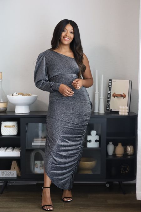 Metallic one shoulder ruched dress. Holiday dress gray/silver special occasion dress. Wearing a size M for reference. Revolve special occasion dress. Holiday pics dress. 

#LTKCyberWeek #LTKover40 #LTKstyletip