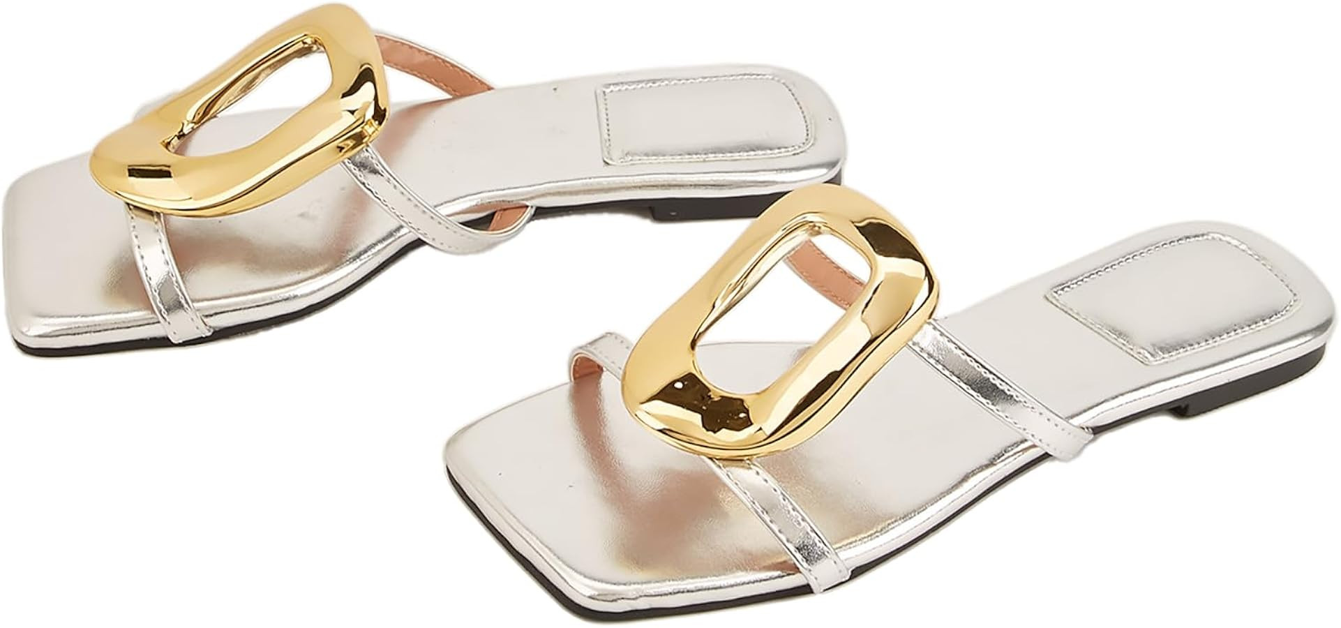 Women’s Metal Flat Sandals Square Open Toe Slip on Slides Leather Beach Comfort Ladies Slipper ... | Amazon (US)