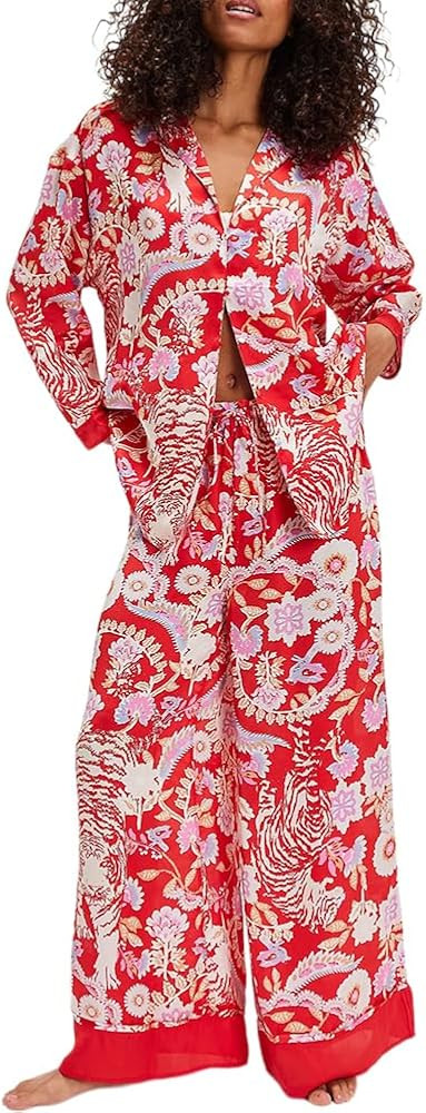 Women Satin Pajamas Set 2 Piece Western Cowgirl Silk Pjs Long Sleeve Floral Pjs Wide Leg Pants Bu... | Amazon (US)
