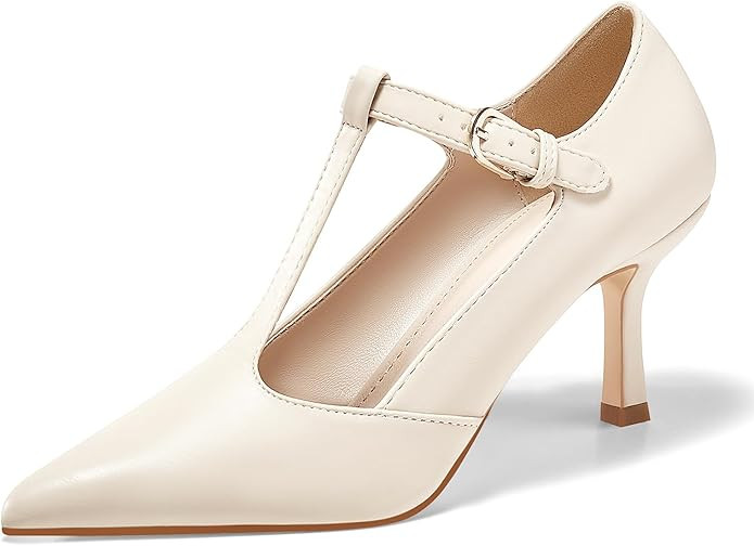 Coutgo Womens T Strap Mary Jane Pumps High Heels Closed Pointed Toe Vintage Wedding Office Dress ... | Amazon (US)