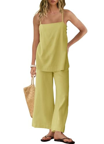 Panadila 2 Piece Linen Set Summer Travel Beach Vacation Outfits Sexy Spaghetti Strap Tank Top and Pants with Pockets(Yellow Green,XS) | Amazon (US)