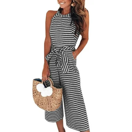 Women Sleeveless Striped Jumpsuits Waist Belted Wide Leg Pants Romper With Pockets | Walmart (US)