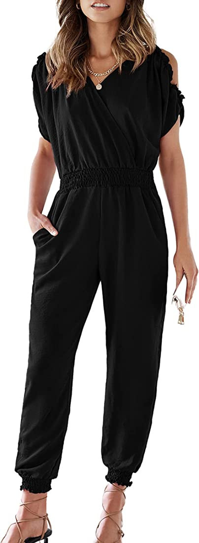 ECOWISH Women's 2023 Summer Jumpsuits Wrap V Neck Cold Shoulder Stretchy Waist Jumpsuit One Piece... | Amazon (US)