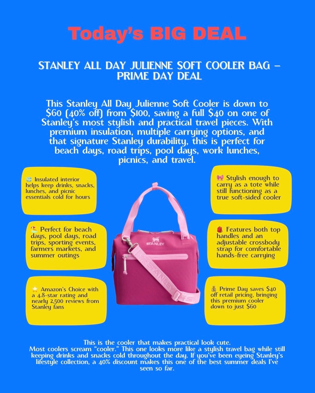 This is the cooler that makes practical look cute.

Most coolers scream “cooler.” This one looks more like a stylish travel bag while still keeping drinks and snacks cold throughout the day. If you’ve been eyeing Stanley’s lifestyle collection, a 40% discount makes this one of the best summer deals I’ve seen so far.

#LTKdayinmylife #LTKSaleAlert #LTKHome