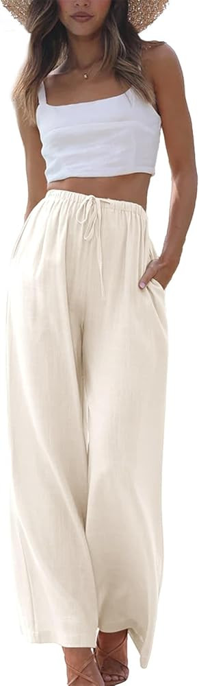 Duyang Womens Cotton Linen Palazzo Pants Drawstring Elastic Waist Casual Wide Leg Trousers with P... | Amazon (US)