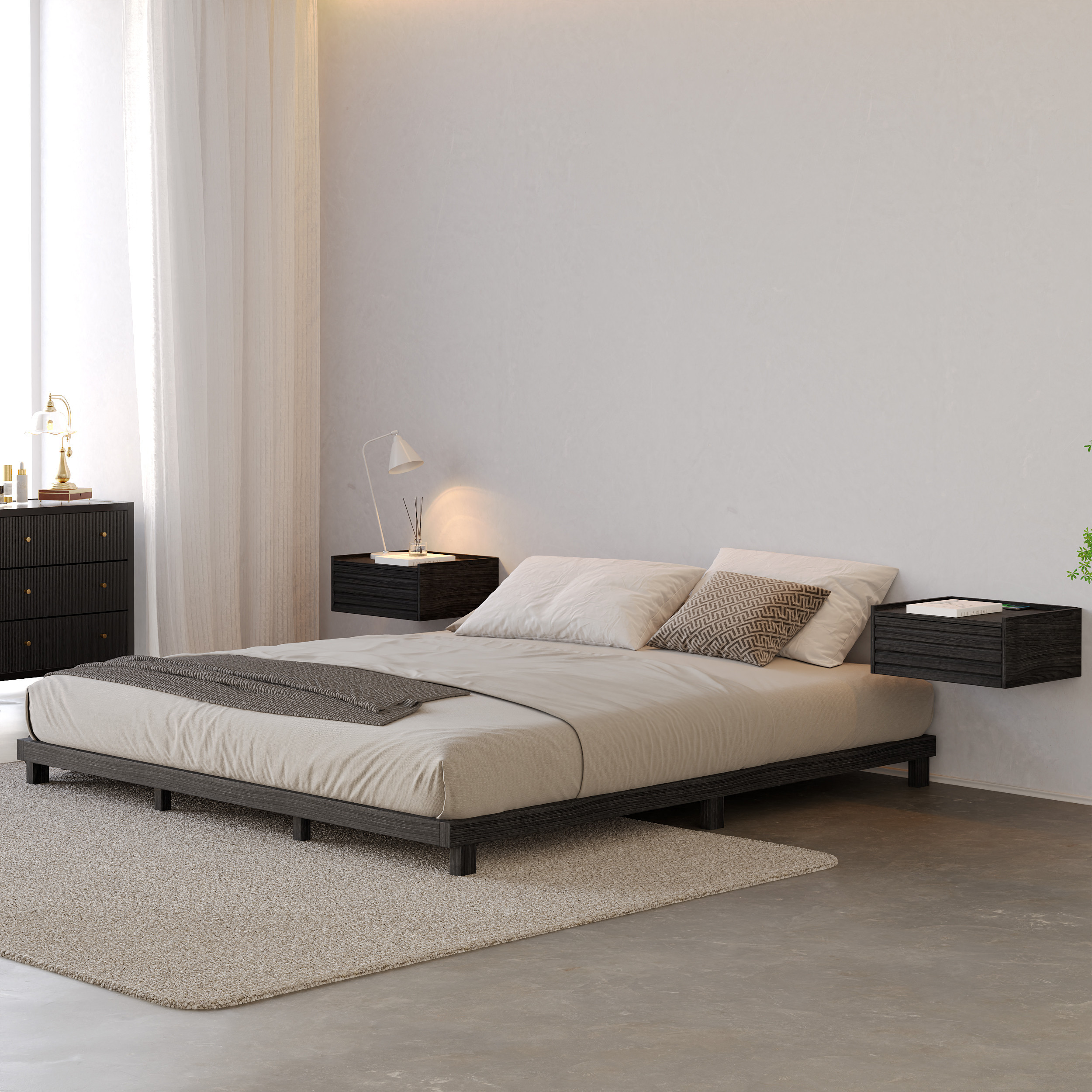 Japanese Style Queen Low Bed Frame Whitewash Floor Bed | Homary