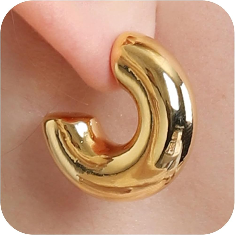 OZEL - Chunky Gold Hoop Earrings for Women, Lightweight 14K Gold Plated Teardrop Open Hoops, Hypo... | Amazon (US)