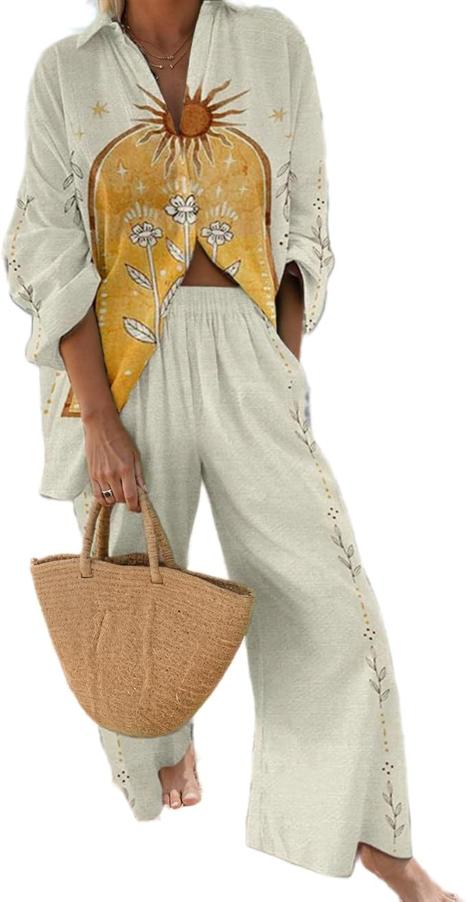 Akivide Women's 2 Piece Outfits Beach Vacation Sets Hawaiian Tropical Long Sleeve Button Down Shi... | Amazon (US)