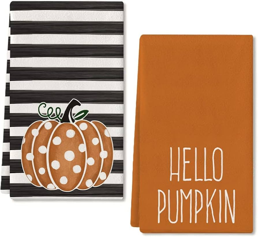 ARKENY Hello Pumpkin Fall Kitchen Towels Set of 2,Orange Polka dot Stripes Autumn Dish Towels 18x... | Amazon (US)