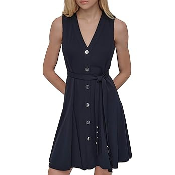 DKNY Women's Sleeveless V-Neck Belted Button Front Dress | Amazon (US)