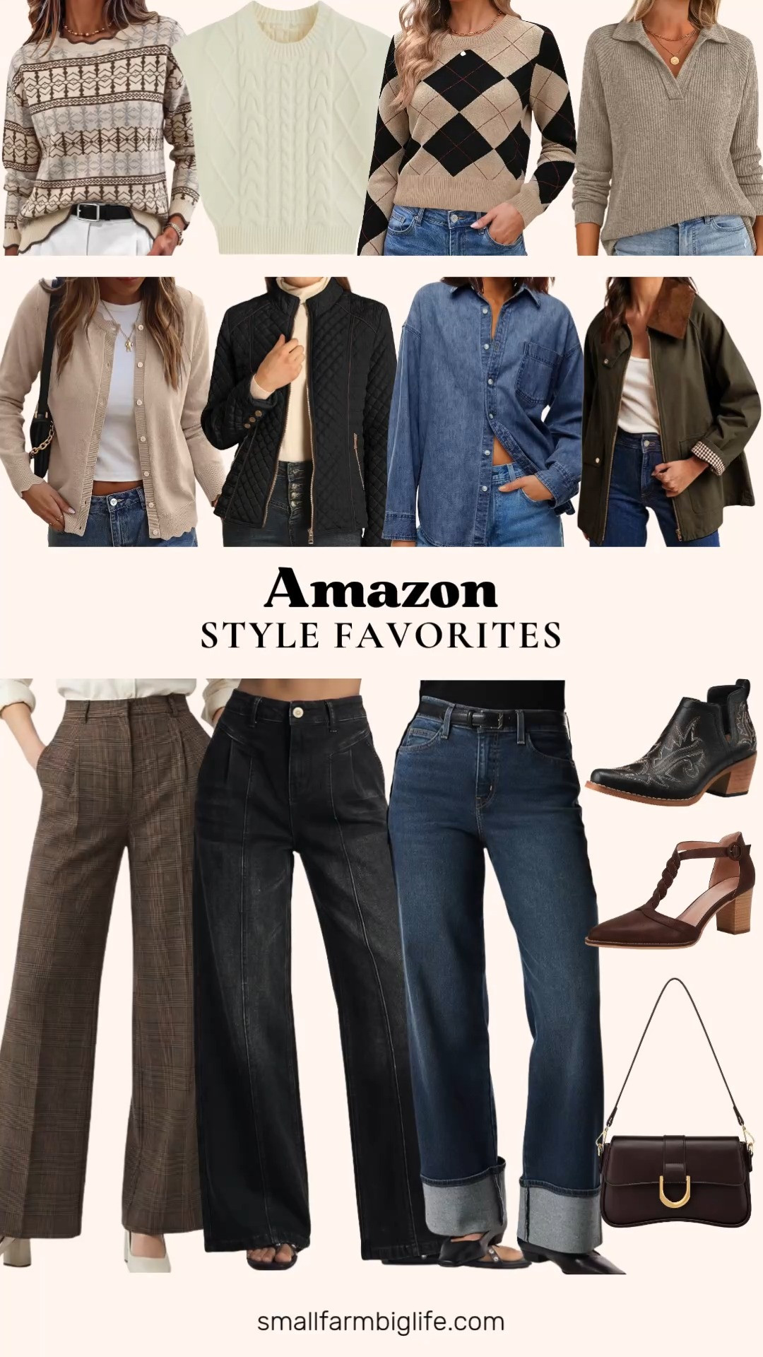 These Amazon style favorites are such a great mix of pieces for autumn outfits and business casual workwear.

Starting with sweaters, the cream CIDER Cable Crop Sweater Vest and the tan dark brown and wine red LOMON Argyle Cropped Sweater are both fun layering pieces, and the brown grey and cream Zeagoo Sweater and the almond ANRABESS Button Down Cardigan are easy enough to wear straight into the office. The heathered khaki OFEEFAN V Neck Polo has such a versatile, tunic length that works over leggings.

For denim, the blue melody Levi's Heritage Stovepipe Jeans and the black Sidefeel Wide Leg Jeans are both great everyday staples, and the medium blue Cicy Bell Oversized Denim Shirt Jacket is a fun layering piece over either pair. The dark brown plaid OctMoon Wide Leg Palazzo Pants are a great option if you prefer trousers over denim.

For outerwear, the black Bellivera Diamond Quilted Puffer Jacket is such a cozy winter pick, and the dark army green Corduroy Collar Barn Jacket brings a nice utility feel for fall.

Rounding things out, the black Cowboy Ankle Booties add a fun western touch for a date night outfit or concert, the coffee brown Coutgo Block Heels are polished enough for the office or a special occasion, and the coffee brown and gold KKXIU Underarm Hobo Bag is such an easy everyday accessory.

So many versatile pieces to build fall outfits around, all linked for you.

#amazonfashion #fallfashion #falloutfits #autumnoutfits #businesscasual 

 #LTKootd #LTKOver40 #LTKWorkwear