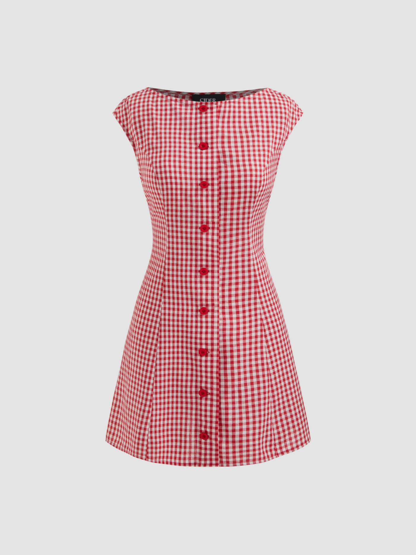 Woven Cotton Cotton-blend Boat Neckline Gingham Button Mini Dress For Date Picnic | Cider