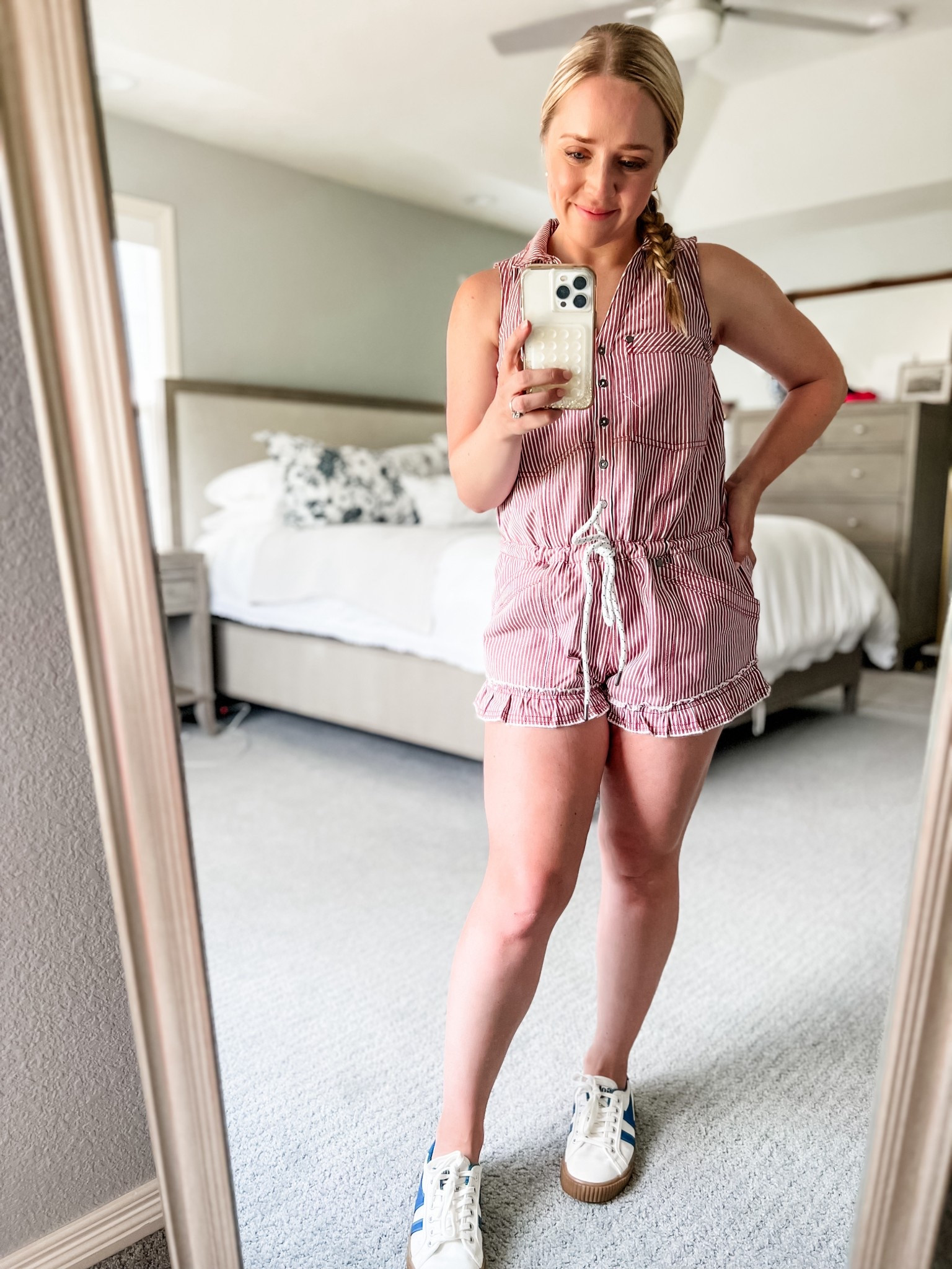 This ruffle romper in red and white is the perfect Fourth of July outfit! I love the collar style with the button front and rope tie waist! It runs very large and I went down two sizes to xxs. 
Summer outfit, July 4th, Fourth of July, 4th of July outfit, romper, Anthropologie 

#LTKPetite