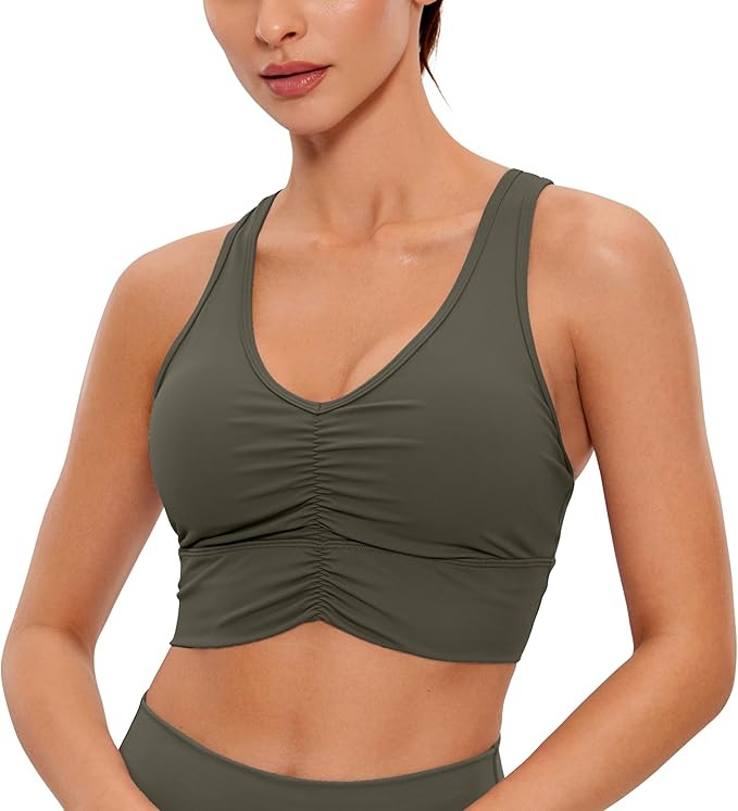 CRZ YOGA Womens Ulti-Dry Ruched V-Neck Longline Sports Bra - Racerback Padded Low Cut Yoga Bra Cr... | Amazon (US)